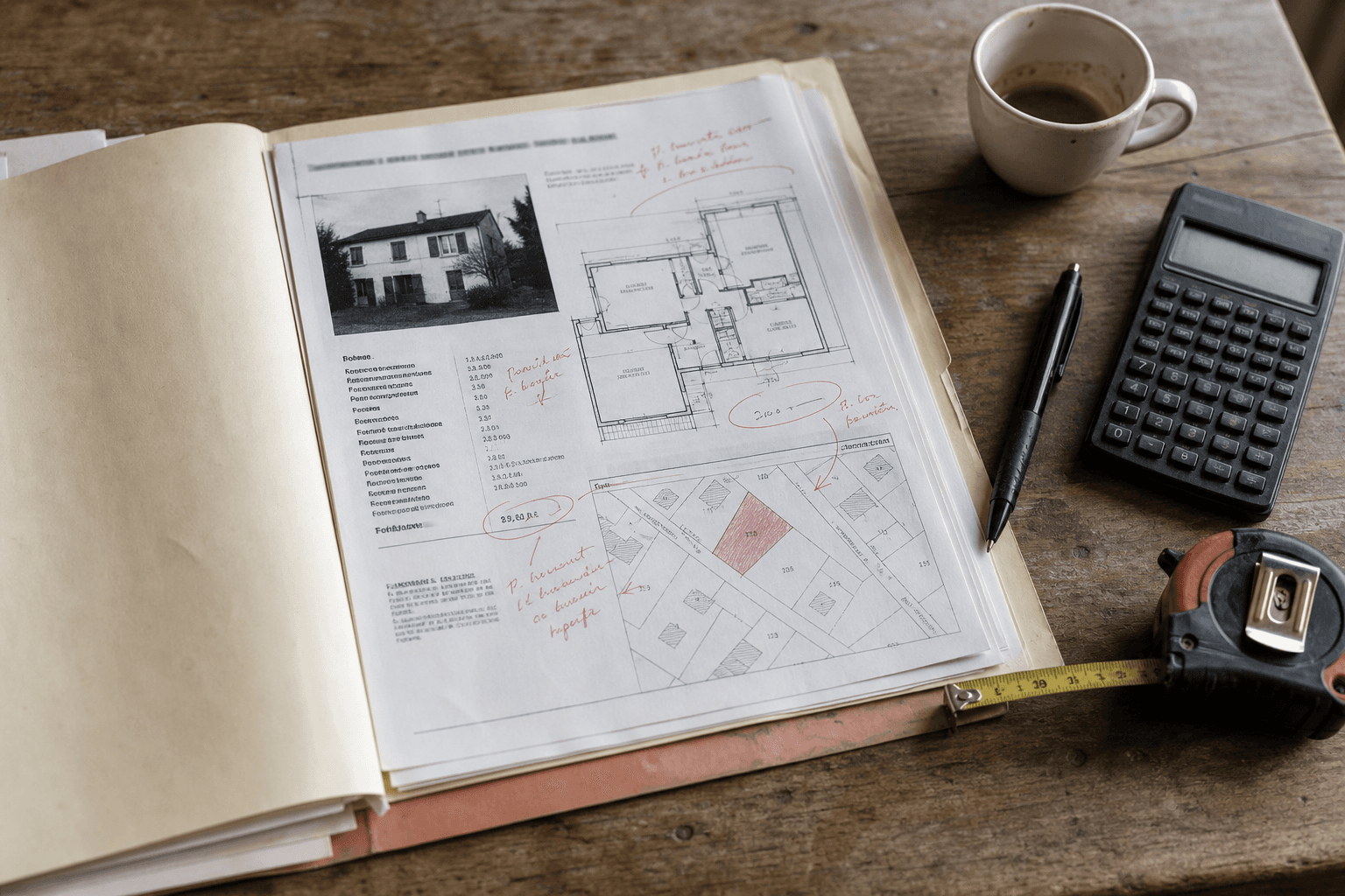 Un dossier ouvert sur une table : annonce imprimée, plan et parcelle cadastrale annotés au stylo rouge.