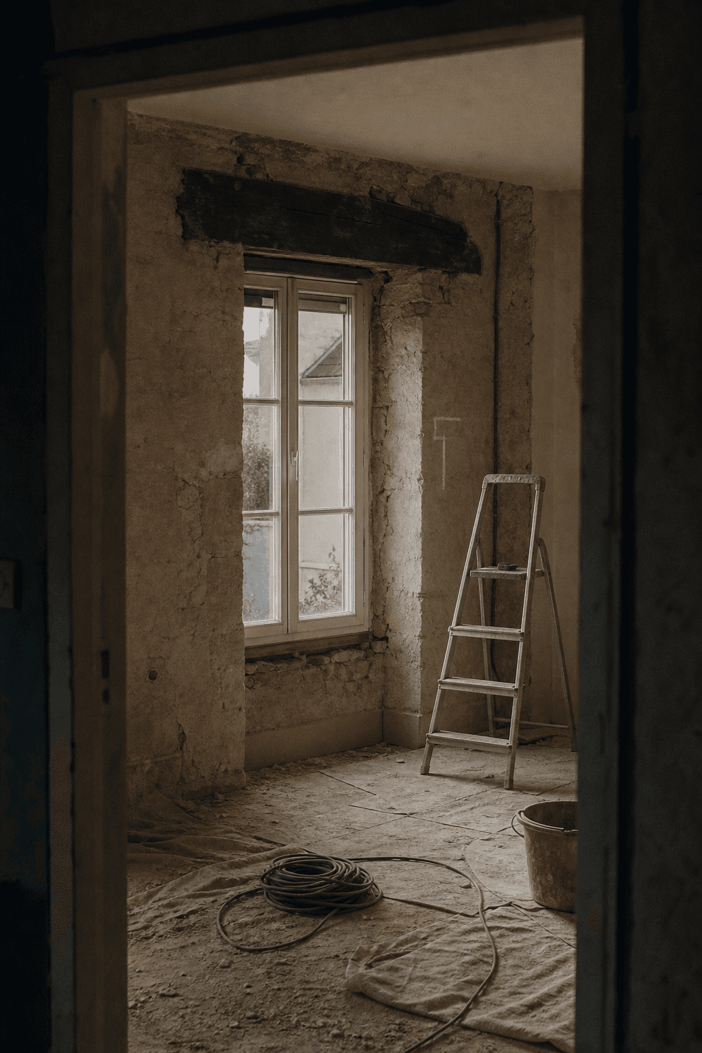 Intérieur d’une maison en travaux : murs décroûtés, escabeau, bâche et câble au sol.